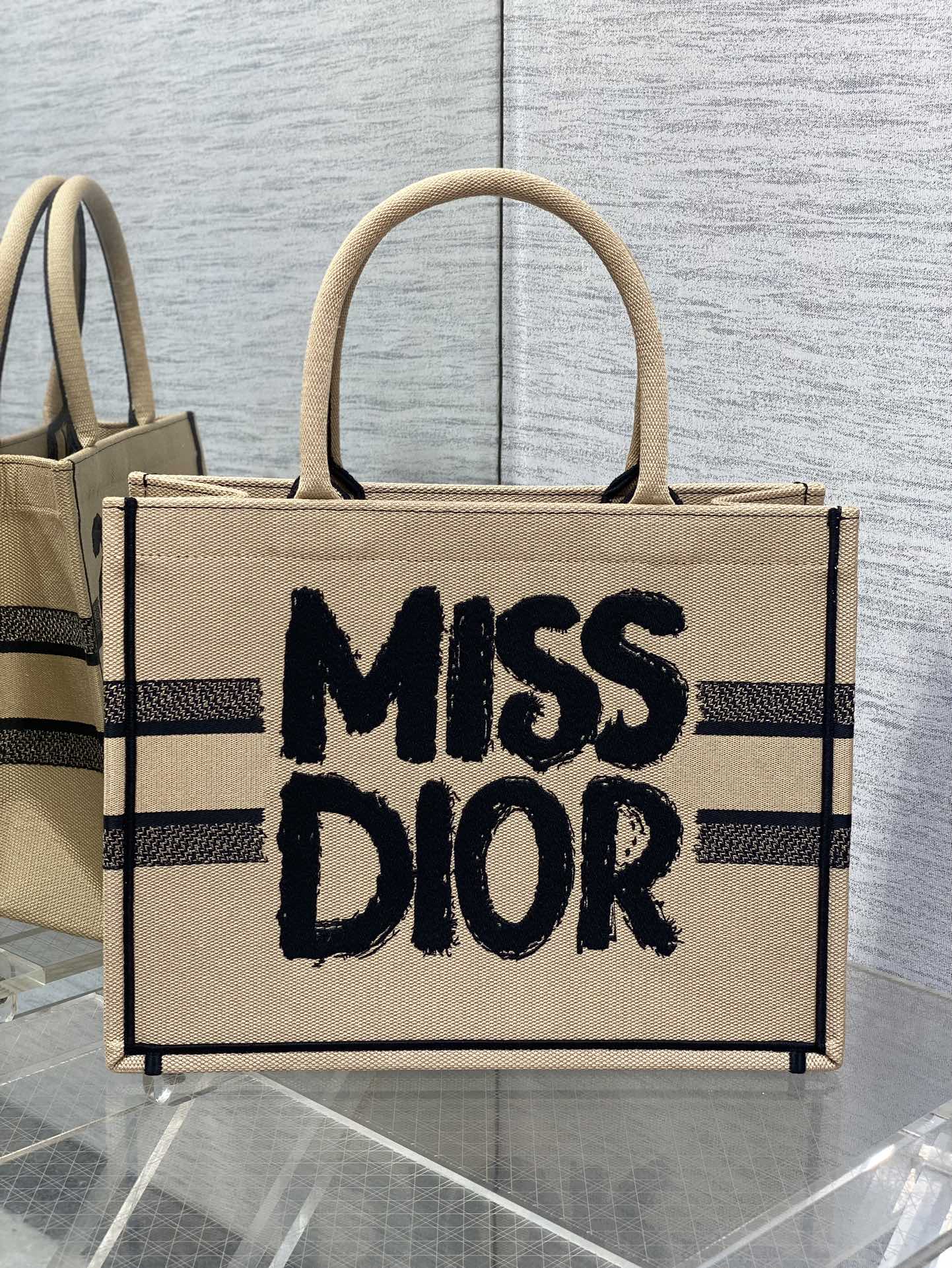 Large Dior Book Tote Bag Beige and Black Miss Dior Graffiti Embroidery